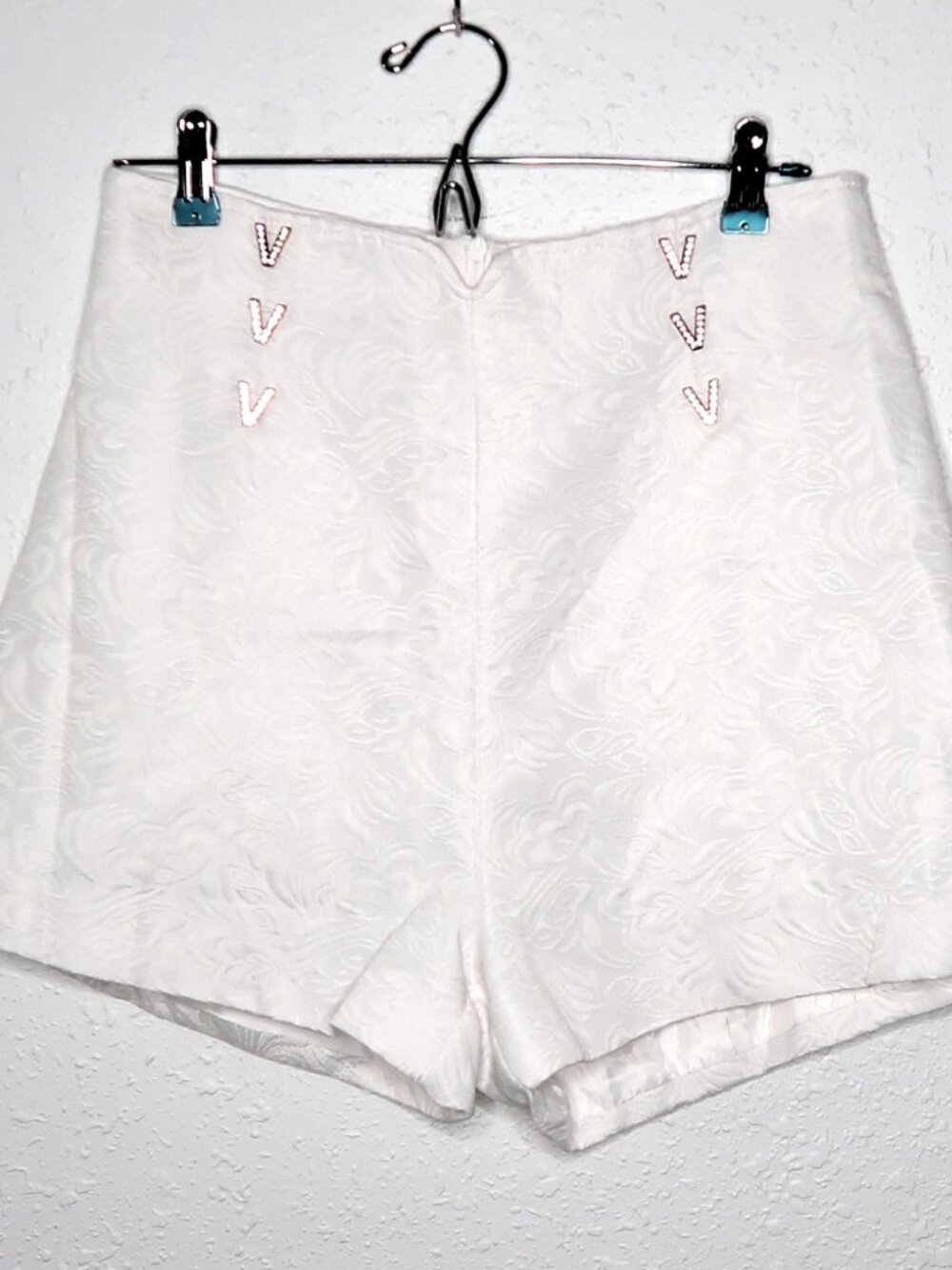 White Floral Jacquard Gold V Accent Shorts